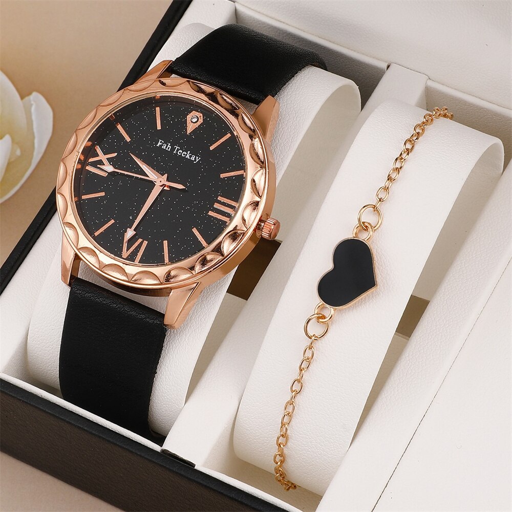2 Stuks Set Dames Horloge Set Fashion Sterrenhemel Dial Armband Womens Lederen Band Quartz Meisjes Horloge Montre Femme