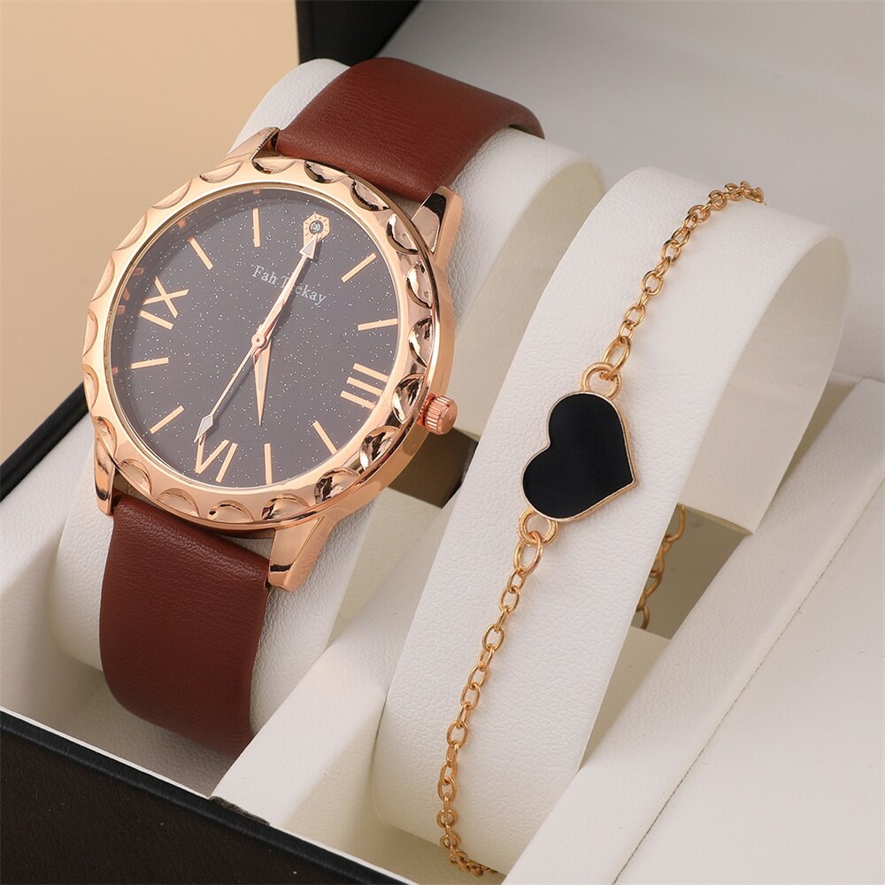 2 Stuks Set Dames Horloge Set Fashion Sterrenhemel Dial Armband Womens Lederen Band Quartz Meisjes Horloge Montre Femme
